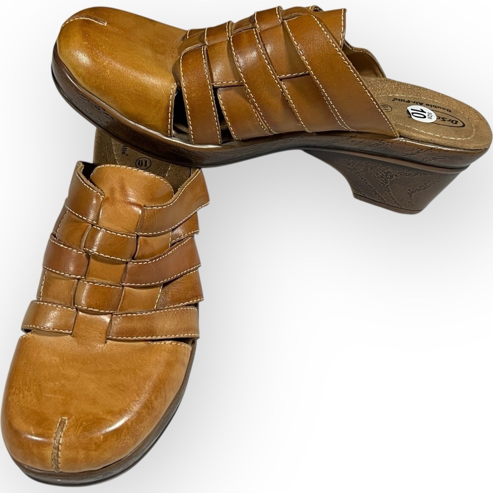 Dr Scholls Double Air Pillow Brown Leather Mule Clog Slip‎ On Women's Sz 10 Boho